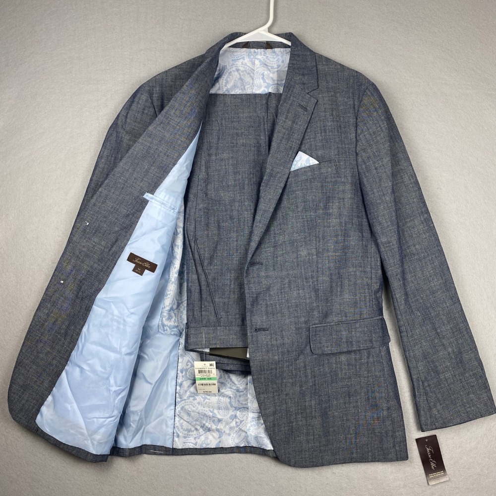 Tasso Elba Mens 2 Piece Blue Cotton Chambray Suit Jacket 40R Pants 34x32 NWT